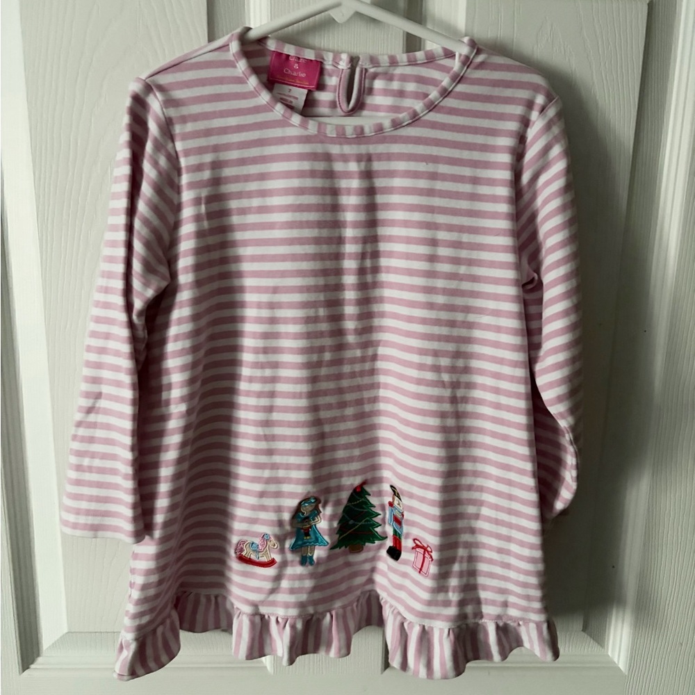 Claire & Charlie Pink & White Striped Christmas Tunic Long Sleeve Top Girls 7